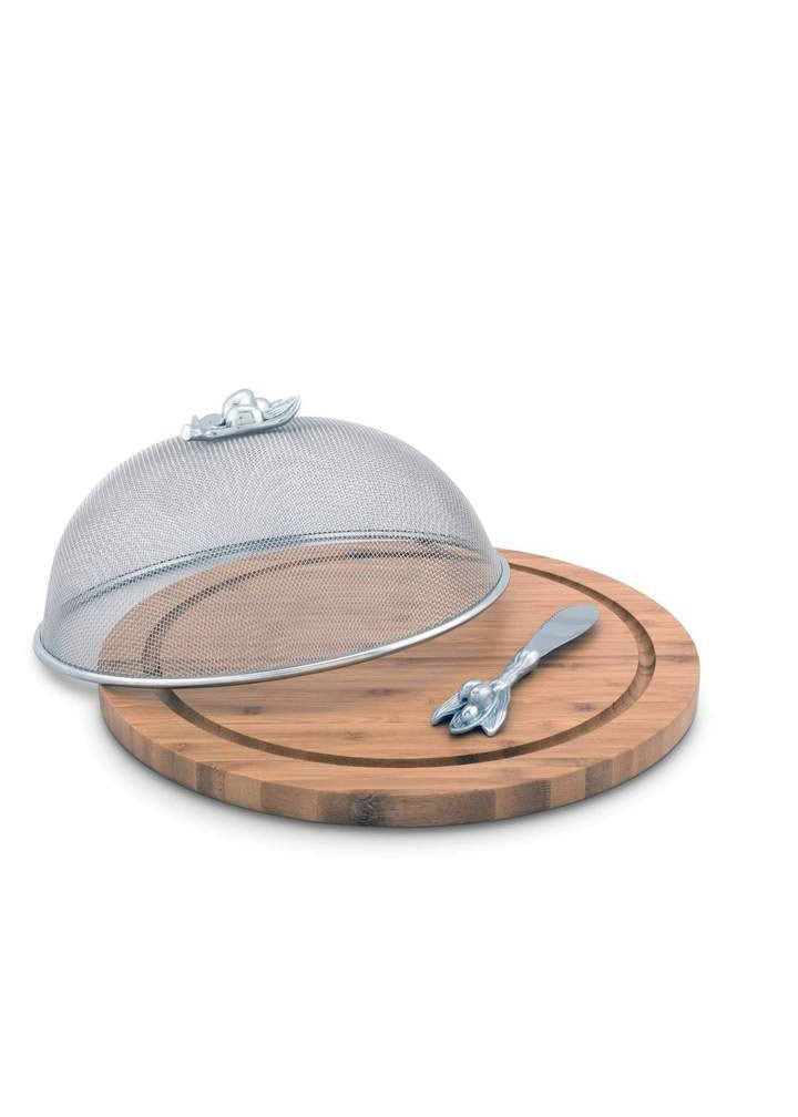 Zeytinli Metal Tel Kapaklı Yuvarlak Ahşap Peynir Tabağı ve Bıçağı