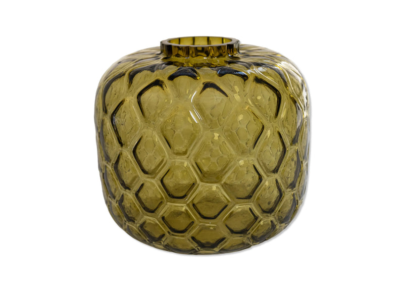 Geometrik Dokulu Yağ Yeşili Cam Vazo